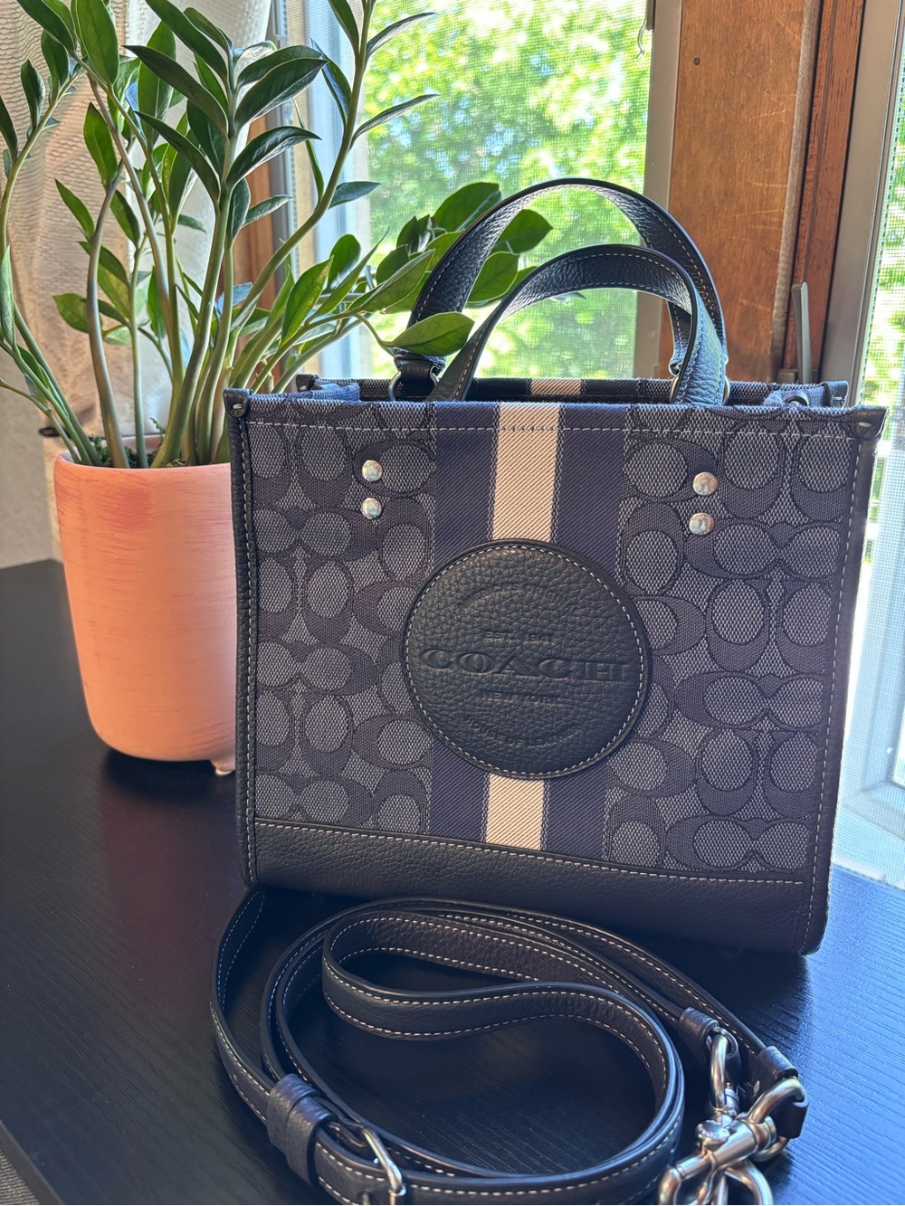 Coach Navy Canvas Mini Tote with White Center Stripe and Leather Trim